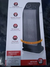 19 in oscillating ceramic tower heater 120V 12.5A medium room size adjustable T
