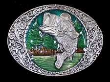 LEAPING LARGEMOUTH BASS BELT BUCKLE W/NICE FLORAL BORDER VTG. 1970'S PEWTER