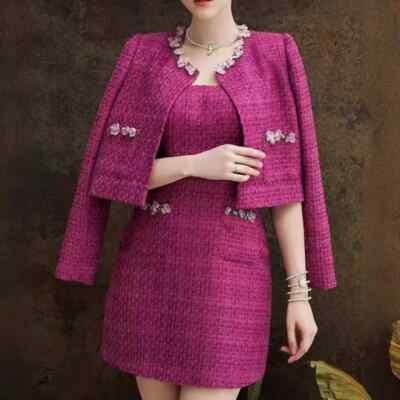 Damen Komplettes Kostüm Büro Jacke Rosa Tweed Coco Jacke Kleid Etuikleid 25353