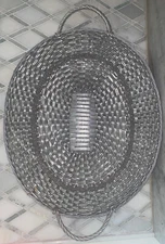 Vtg MCM Aluminum Basket Woven Tray Double Handled 24”L 19.5”L W/o 16.5”W 1.5”T