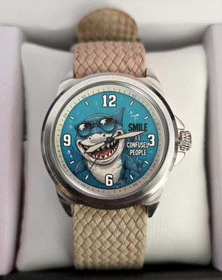 Funny Shark Pop Art Khaki Fabric Strap Wrist Watch Boxed