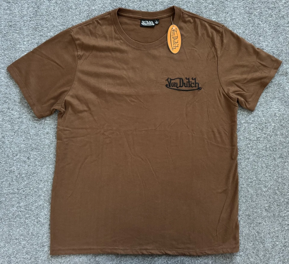 NUEVO CON ETIQUETAS VON DUTCH Camiseta Bordada Marrón Manga Corta - Hombre Talla Grande Foto 2 de 4