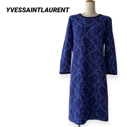 SAINT LAURENT (YSL) Bellissimo abito Yves Saint Laurent blu in maglia floreale moda donna autentico