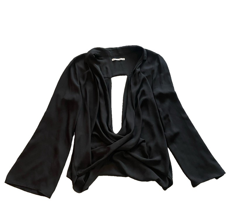 PINK STITCH Black Collared Draped Open Front Open Back Long Sleeve Top Sz 8