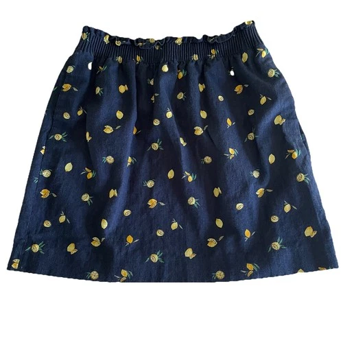 J Crew Linen Blend Women’s Size 6 Blue With Lemons Paper Bag Waist Skirt Pockets