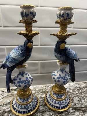 Mrs. Alice   Blue And  White 15  Candlestick Holders Blue Bird Parrot 2 - NIB
