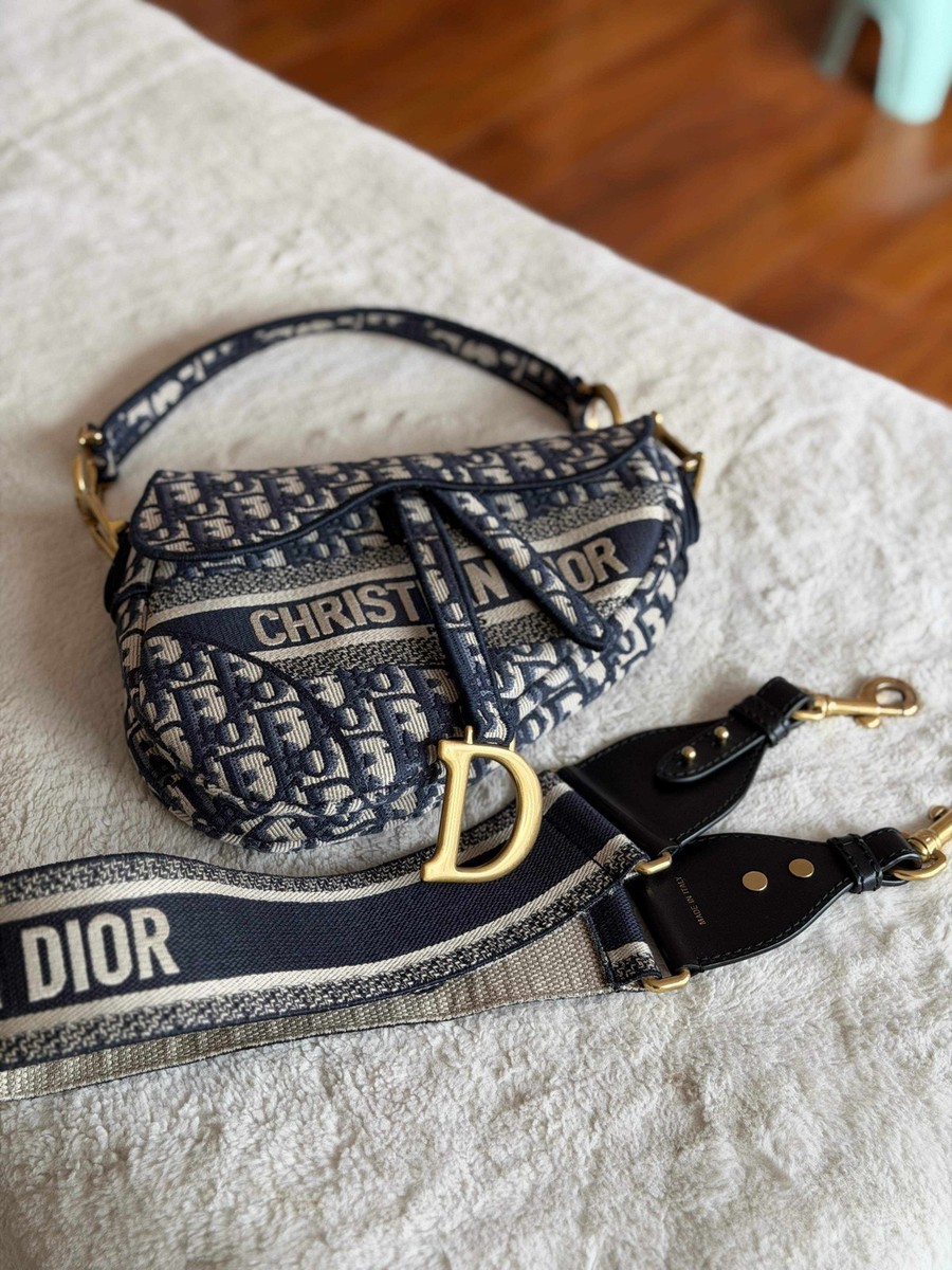 Christian Dior MM Saddle Bag Navy Oblique Jacquard Gold Hardware