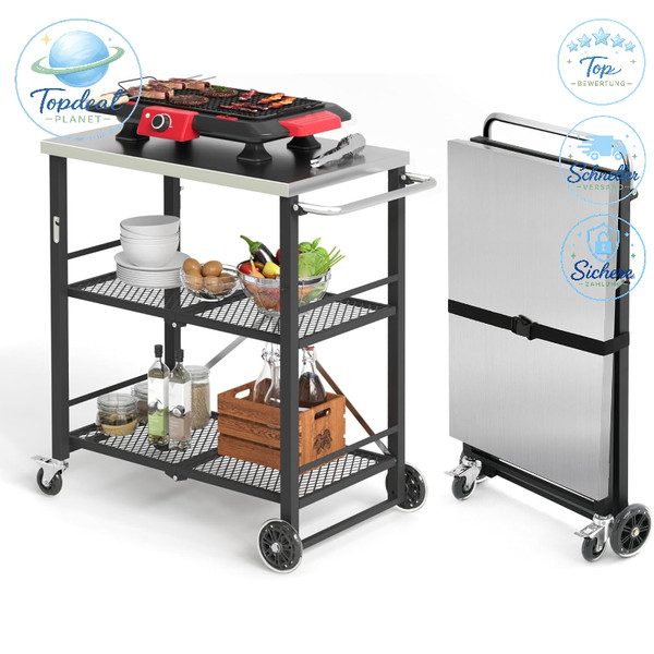 Grillwagen Zusammenklappbar Servierwagen Mit 2 Ablagen Edelstahl FüR Garten-image