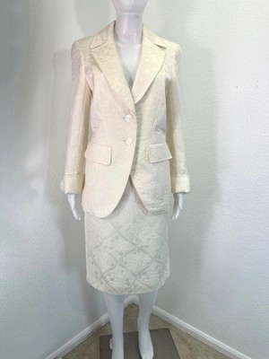 Sz 40 / US 10 Escada Cotton Silk Cream Satin Jacquard Pencil Skirt Suit