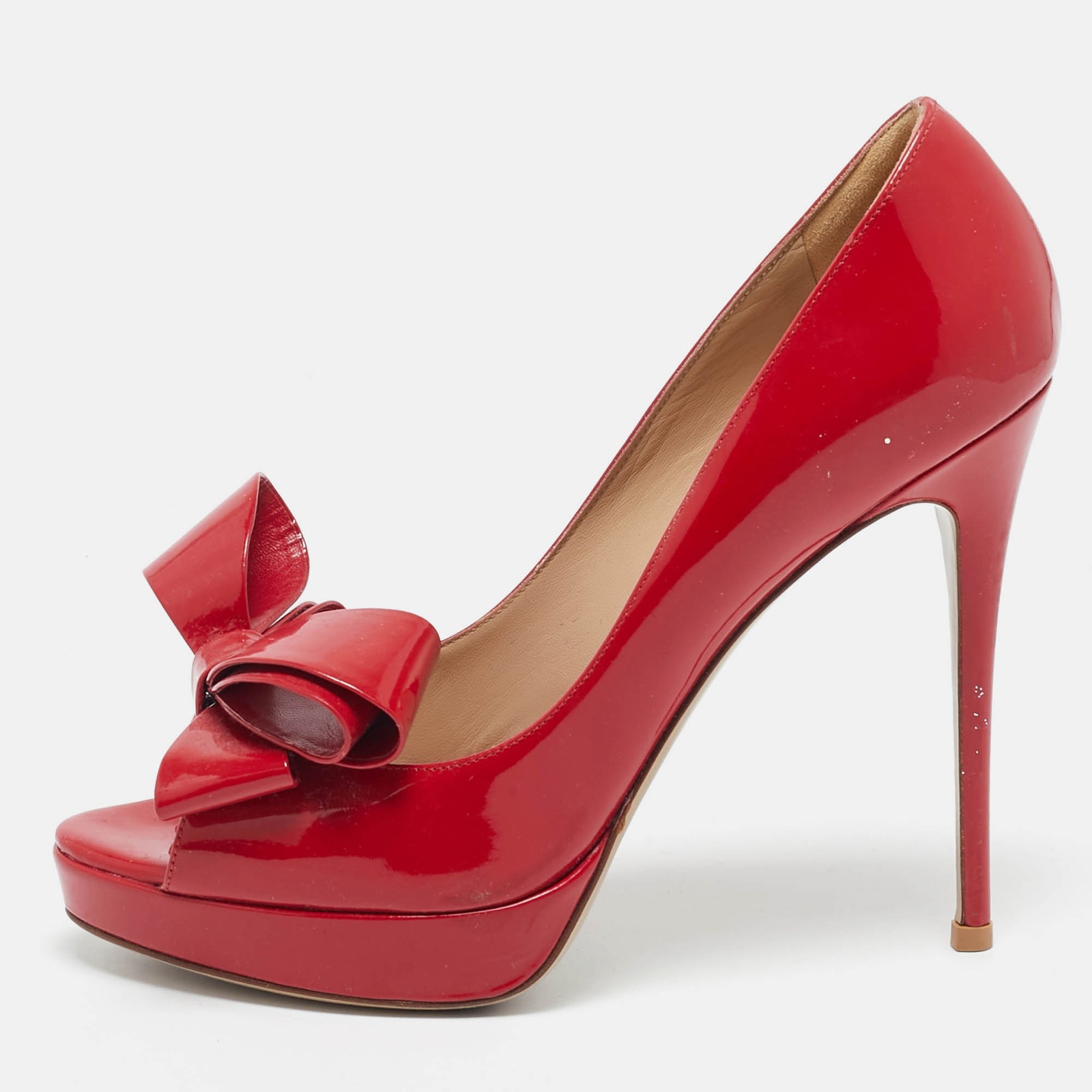 Valentino Red Patent Leather Bow Peep Toe Pumps Size 38.5