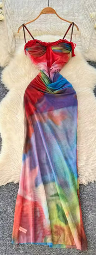 Colorful Gradient Mesh Dress Summer Slim lace Splice Spicy