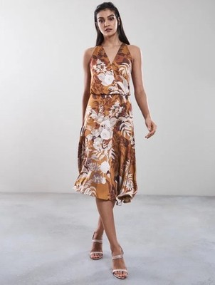 Reiss Anabela Midikleid Gr. UK 10 Bronze Blumen Satin Träger Party Urlaub