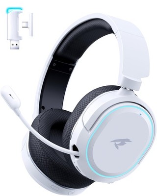 Wireless Gaming Headset, 7.1 Surround Sound, 2.4GHz Adjustable, Black-White