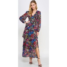 KOKO + MASON NWT Floral Open Back Long Sleeve Ruffle Maxi Dress Size Small