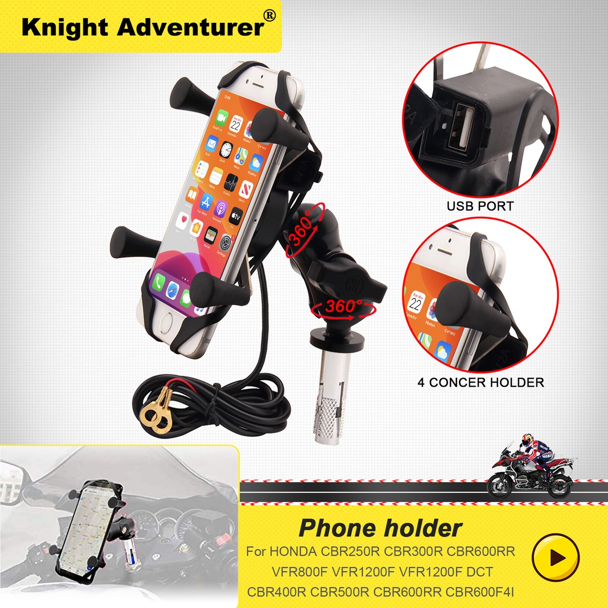 Soporte Cargador De Celular Usb Para Motocicleta 360 Grados