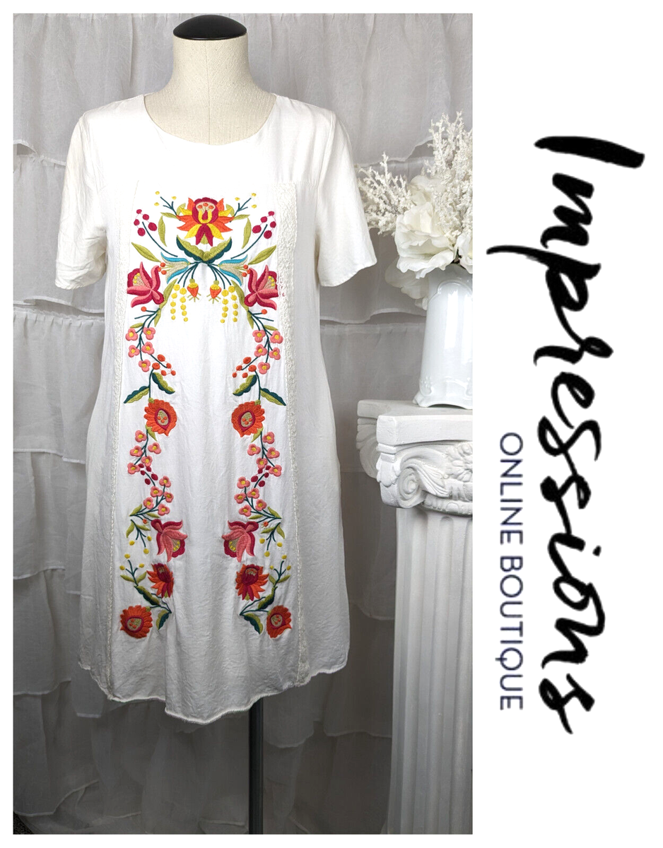 Impressions White Floral Embroidered Short Sleeve Boho Dress Size