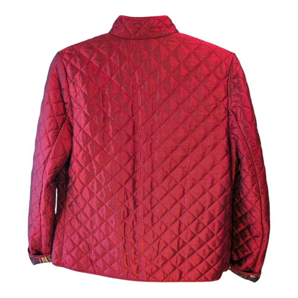 Chaqueta Neiman Marcus 100% Seda Acolchada Roja De Colección Frente Abierto M Forrada Cachemira Foto 3 de 4