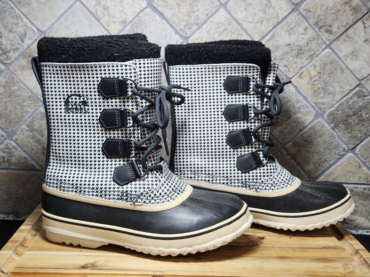 SOREL Tivoli Black/White Houndstooth Waterproof Winter Boots 