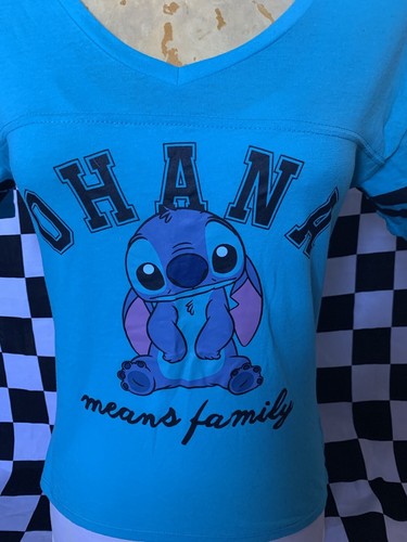 NEW Disney Logo STITCH Football Jersey AQUA BLUE Shirt OHANA MEANS FAMILY Top S - Picture 7 of 12
