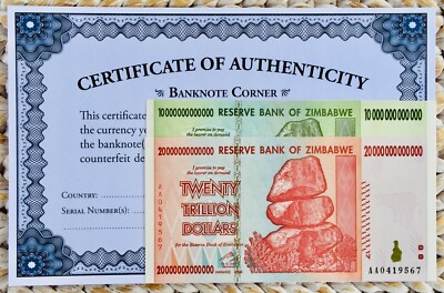AUTHENTIC 2008 ZIMBABWE 10 20 TRILLION DOLLAR AA UNC UV PASSED CERTIFICATE COA 
