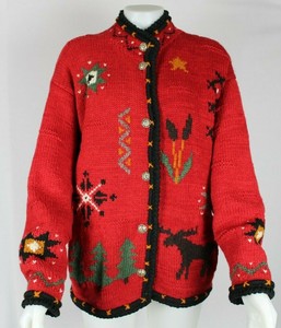 Newari Nepal Icelandic Moose Tree Up North Cardigan Red Sweater Womens Sz L/XL | eBay