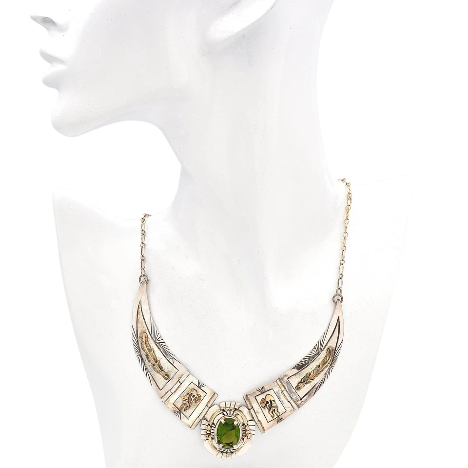 Vintage Russell Sam Navajo Kokopelli Peridot Sterling Silver Statement Necklace - Image 4 of 4