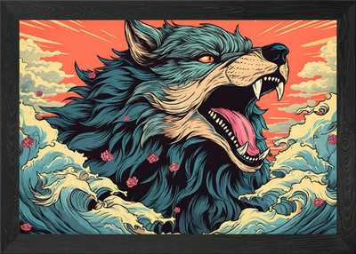 Stilisierter Wolfskopf Ozean Wellen gerahmtes Wandbild Poster Leinwanddruck Bild