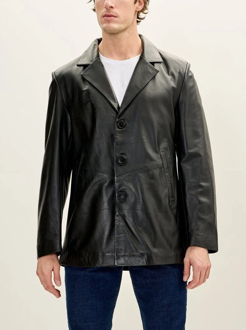 Leather Blazer Jacket Men's Coat Lambskin Soft Men Two Real Button 100% Black 72