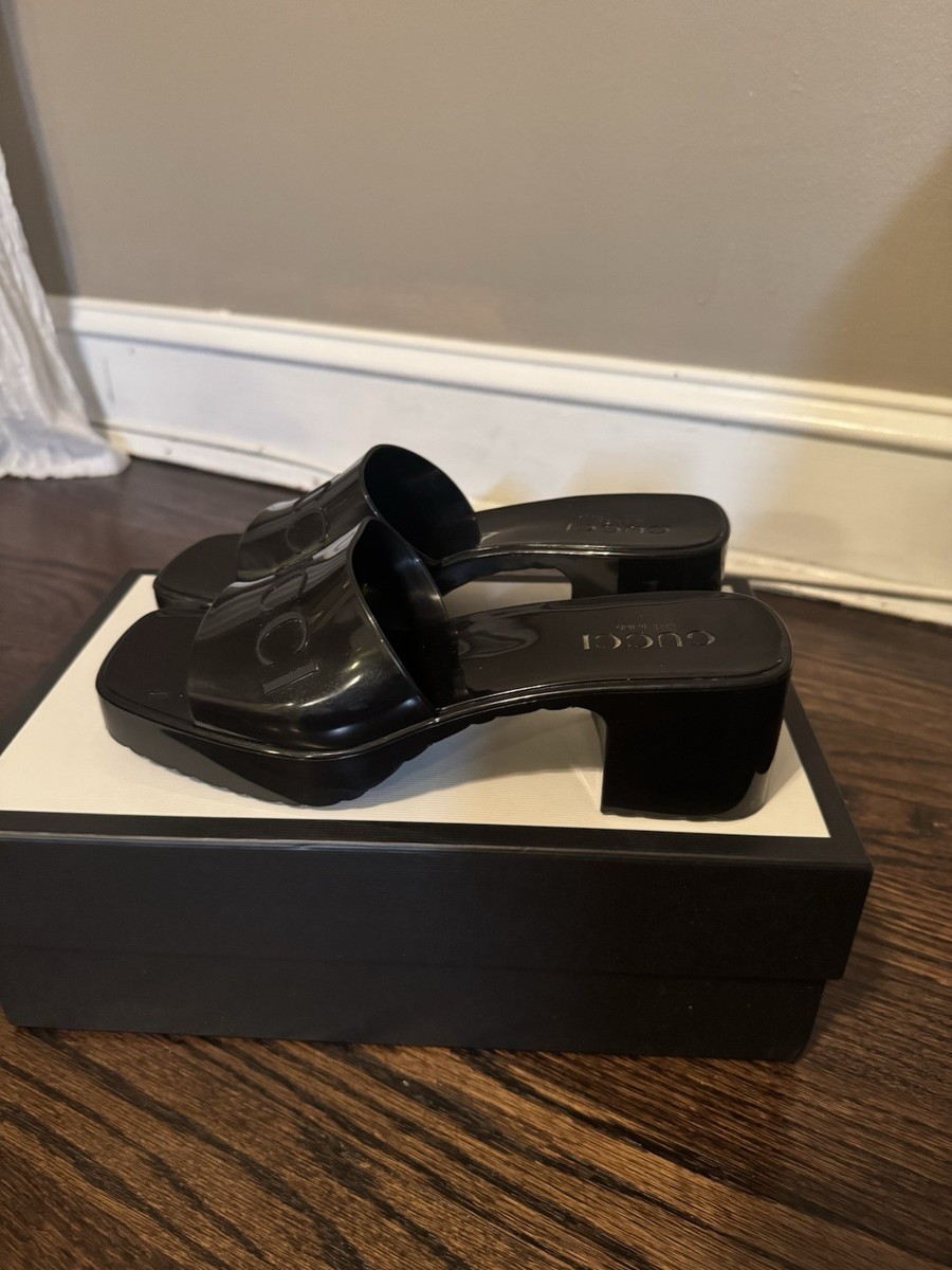 GUCCI Black Logo Mule Heels Square Toe Slip-On Solid Womens US 7.5