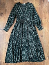 Mango black green floral print V-neckline long sleeves midi dress size S
