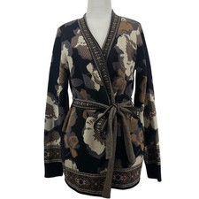 Denim & Co Oversized XS Floral Wrap Cardigan Sweater Black Tan Belted Jacquard