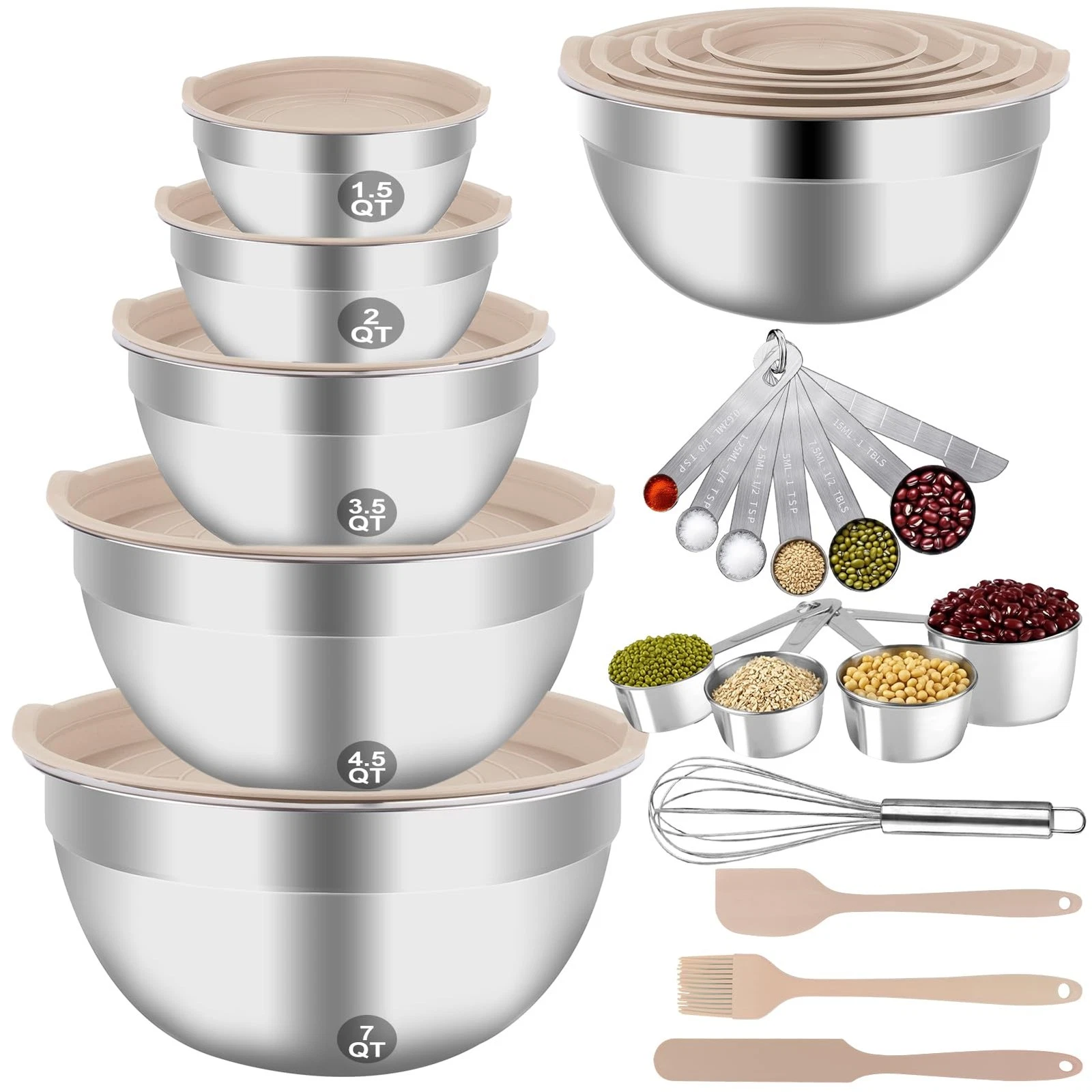 Mixing Bowls Set, 25PCS Khaki Mixing Bowls With Lids Set Stainless Steel Kitc...