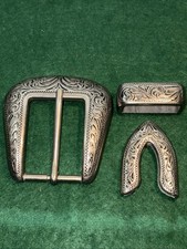 Western Cowboy Floral Filigree Engraved 3pc Belt Buckle Set Buckle Keeper Tip
