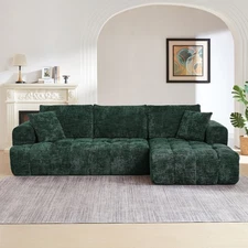 Chenille L-Shape Sectional Sofa Sleeper Couch w/ Dark Green Upholstery