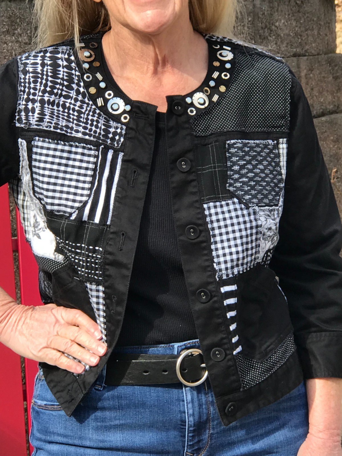 Boho Patchwork Jacket: Upcycled Sashiko Black Whi… - image 5