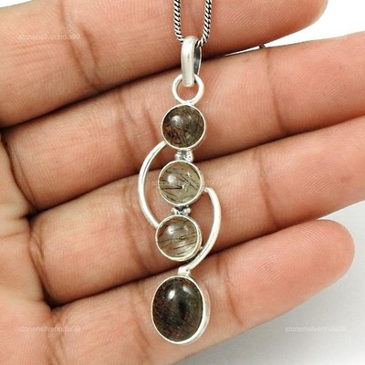 925 Silver Black Rutile Gemstone Elegant Best Daughters Gift Engagement Pendant