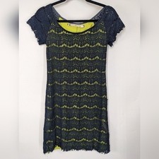 CHELSEA & VIOLET Dress Womens XS Blue Green Lace Overlay Short Sleeve