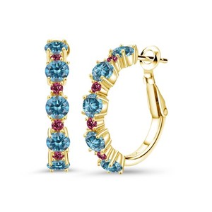 Authentic 18K Yellow Gold Plated Silver Blue Lab Grown Diamond and Pink Tourmaline Hoop