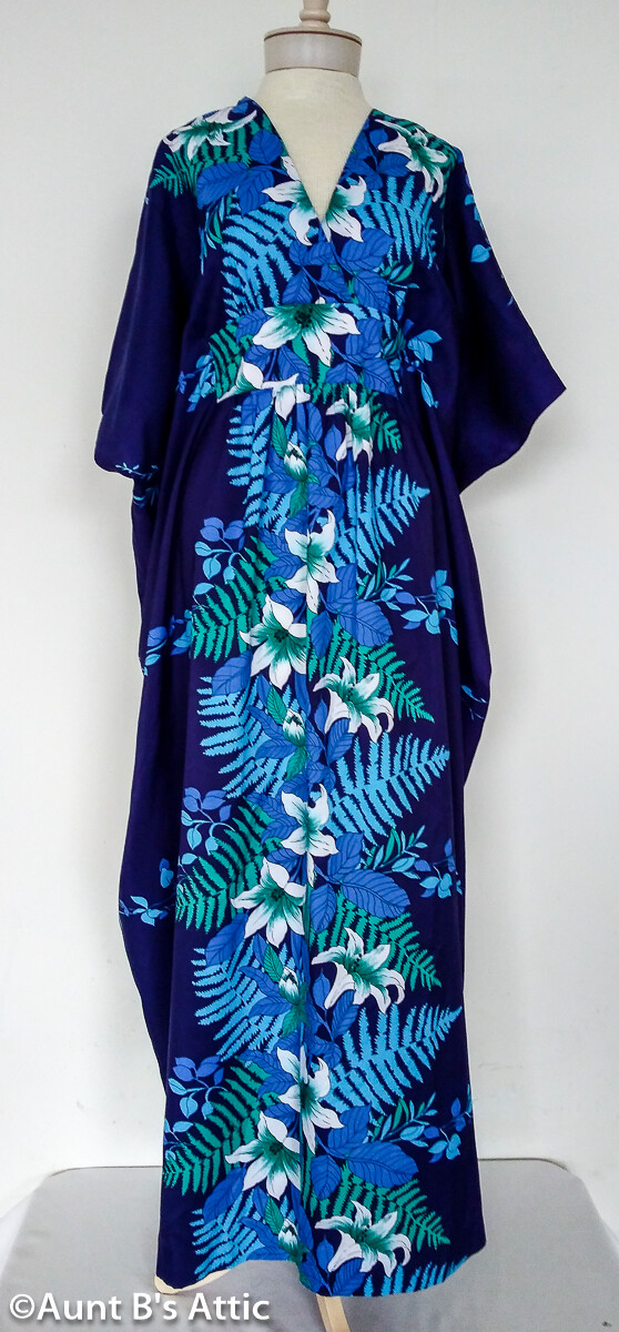 Vintage Hawaiian Royal Palm Kaftan Dress Bl/Wht Hibiscus Prt
