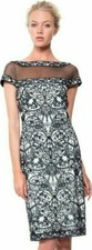 Tadashi Shoji Lace Motif Illusion Mesh Black Ivory Sheath Cocktail Dress 368