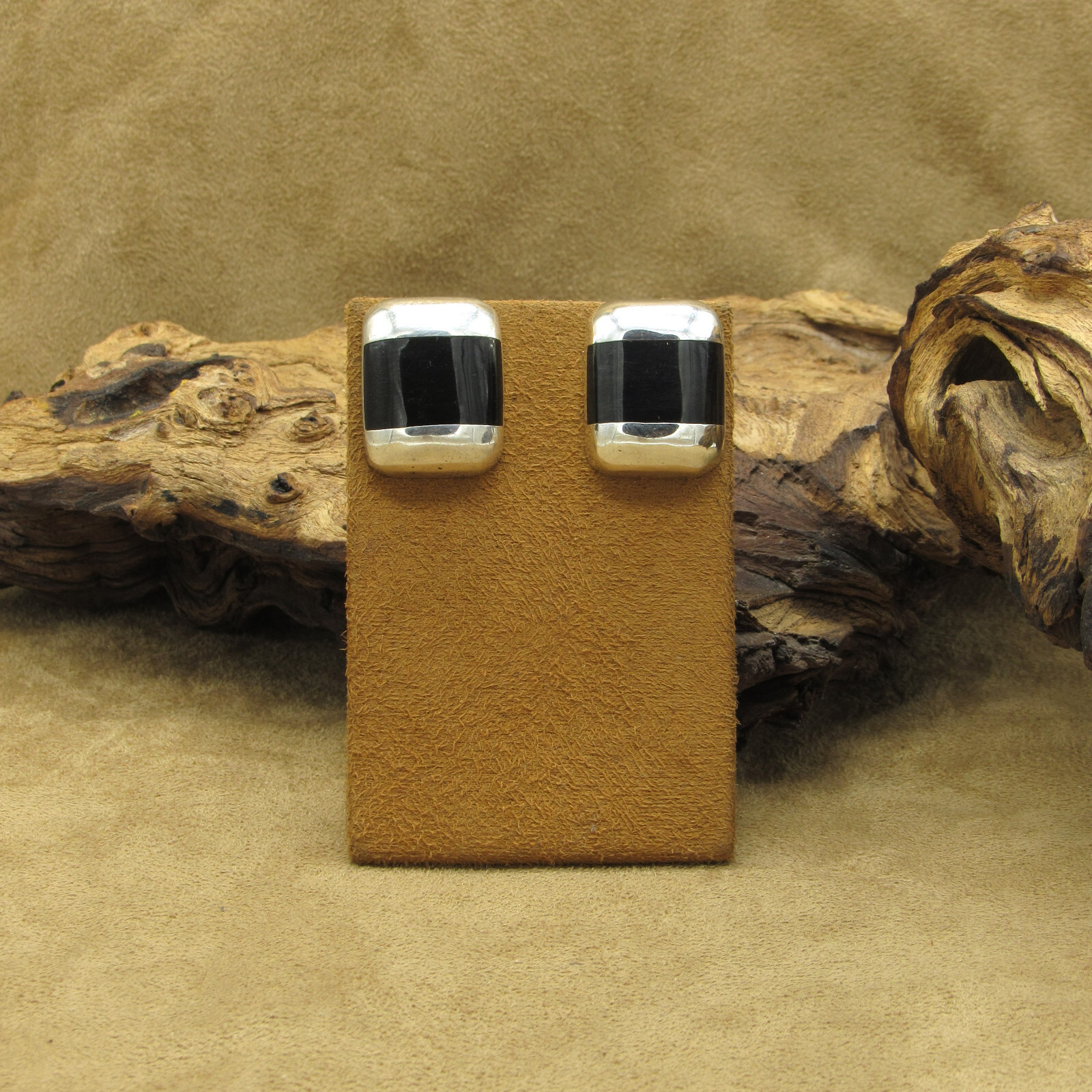 Sterling Silver and Black Rectangle Post Earrings… - image 1