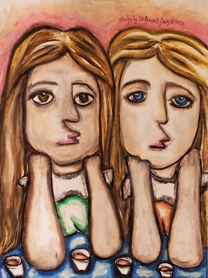 Ladies with Shots at Bar Cubism Original Pastel Painting 9x12 Pop Cubist Art