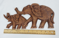 Wood Carved African Elephant Wall Hanging Art Decor Mom And Baby 13in x 7in