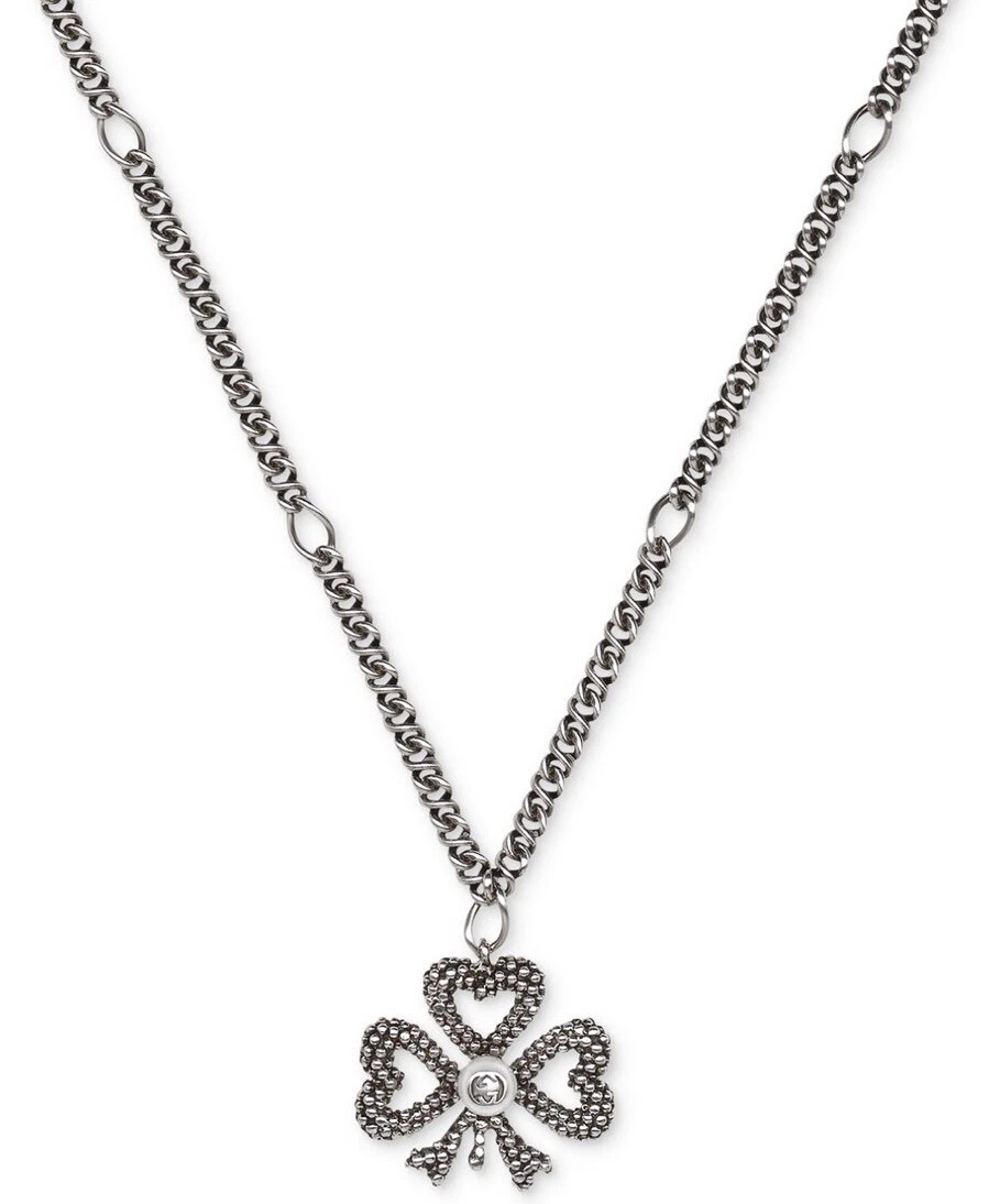 COLLIER GUCCI AURECO FINITION NOIRE ARGENT STERLING FAUSSE PERLE PENDENTIF TRÈFLE 