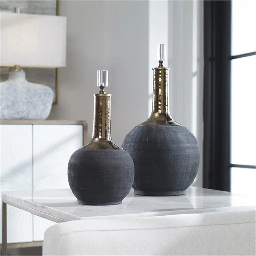 Uttermost Arnav 2-Piece Ceramic Crystal Metal Bottle Set in Matte Black and Gold - Picture 3 of 3