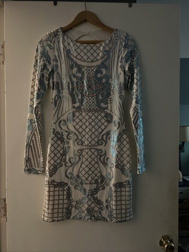 Arden B Mini Dress M Metallic Bodycon Open Back Long Sleeve Ivory Blue Pink - Picture 7 of 7