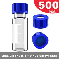500ps 2ml Sample Vials+Caps Screw Top Clear Lab Vial Glass Bottle Pre-slit Septa