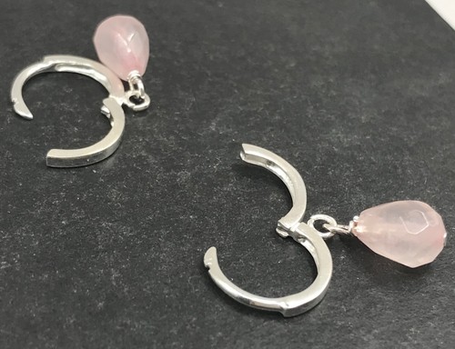 Small rose quartz pear earrings solid Sterling Silver huggie 12mm hoop, 25mm - Picture 6 of 8