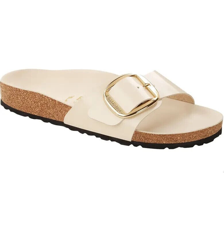 BIRKENSTOCK MADRID BIG BUCKLE SLIDE SANDALS ECRU WOMEN'S