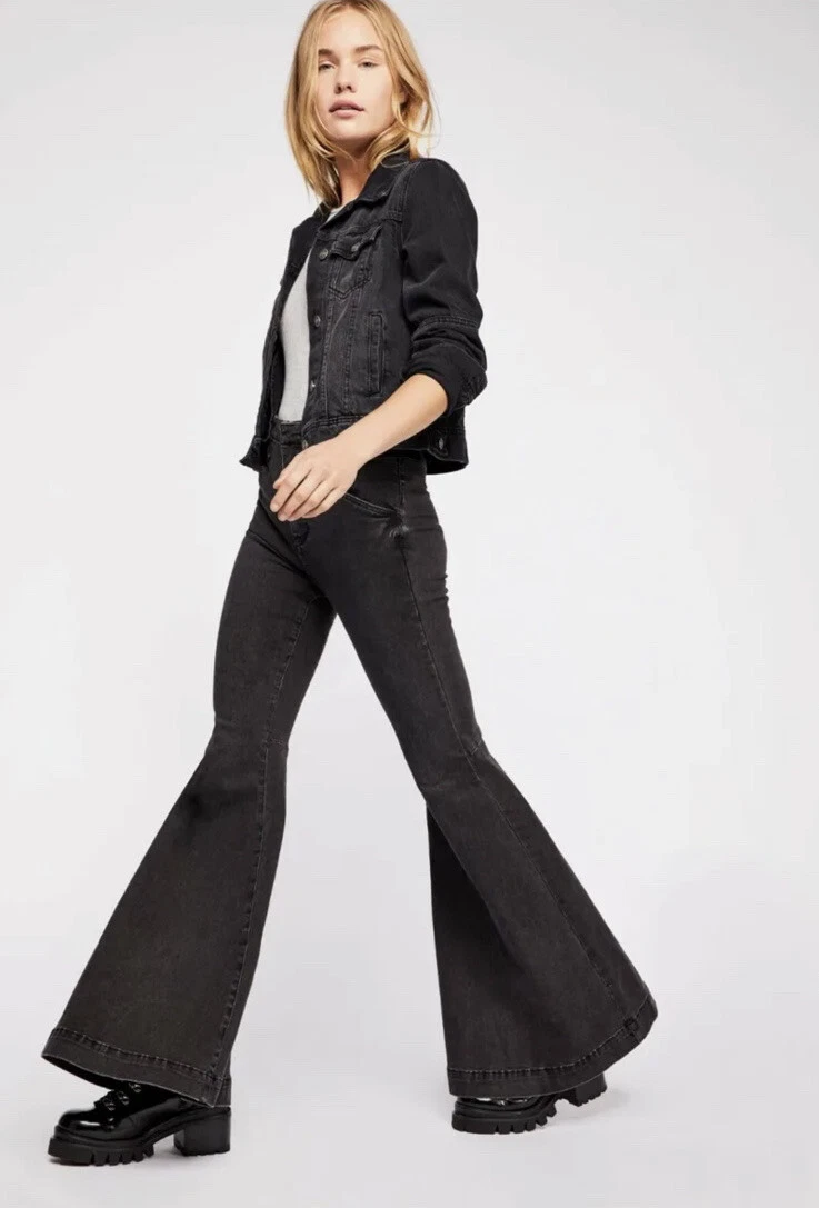 Free People Black Maddox Denim Bell Bottom Flare Jeans 27 eBay